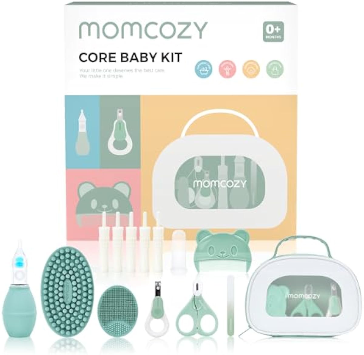 Momcozy Core Baby Kit, Baby Shower & Registry Essential Kit for Grooming&Health&Cleansing Care, Includes Nail File Kits, Nasal Aspirator, Gas Relief Tubes, Bath Brushes, Toothbrush, Comb, Storage Case