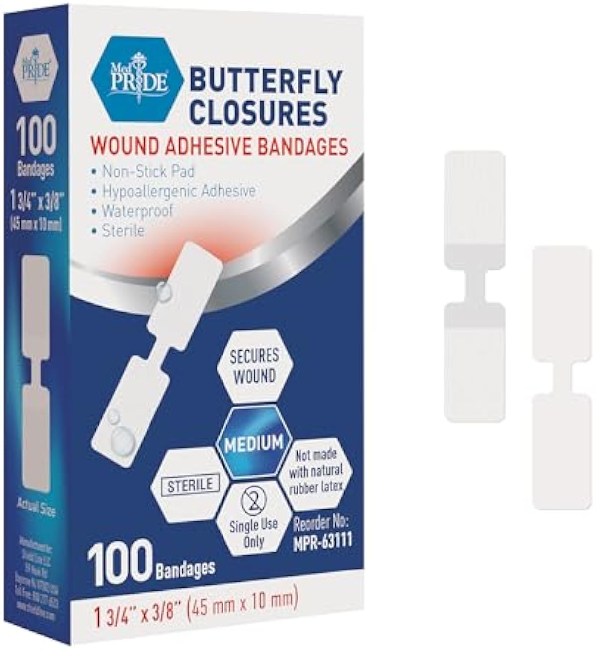 MED PRIDE 100 Pack Sterile Hypoallergenic Butterfly Stitches and Strips for Wounds, Latex-Free Non-Stick Tape Closures, Medium