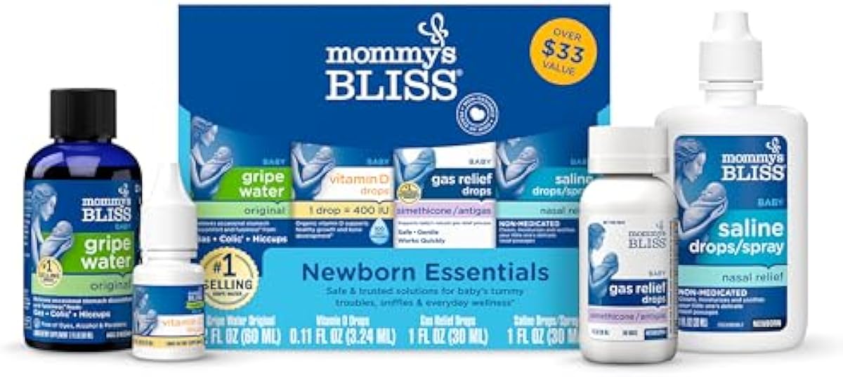 Mommy\'s Bliss Newborn Essentials Gift Set, Includes Gripe Water, Baby Vitamin D/Gas Drops and Gentle Saline Drops/Spray