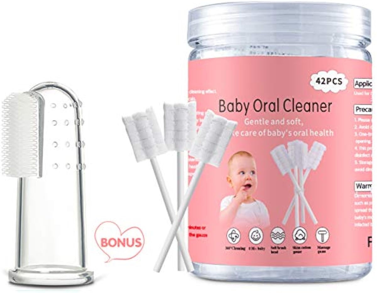 EASICUTI Baby Tongue Cleaner, Baby Toothbrush, 42Pcs Disposable Infant Toothbrush Clean Baby Mouth,Gauze Gum Cleaner Baby Oral Cleaning Stick Dental Care for 0-36 Month Baby+Free 1 Finger Toothbrush