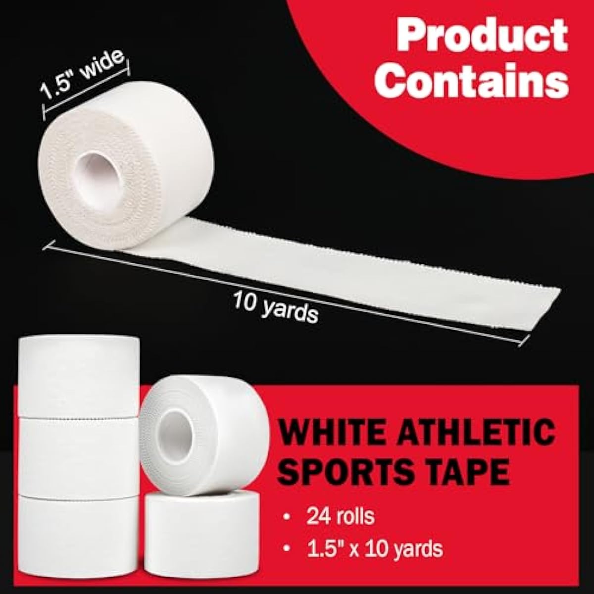 AZEN 24 Pack Athletic Sports Tape, Athletic & Medical Trainers & First Aid Tape for Injuries, Wrist Ankle Finger Tape, Easy to Tear & No Sticky Residue, 1.5 in X 10 Yards (White)
