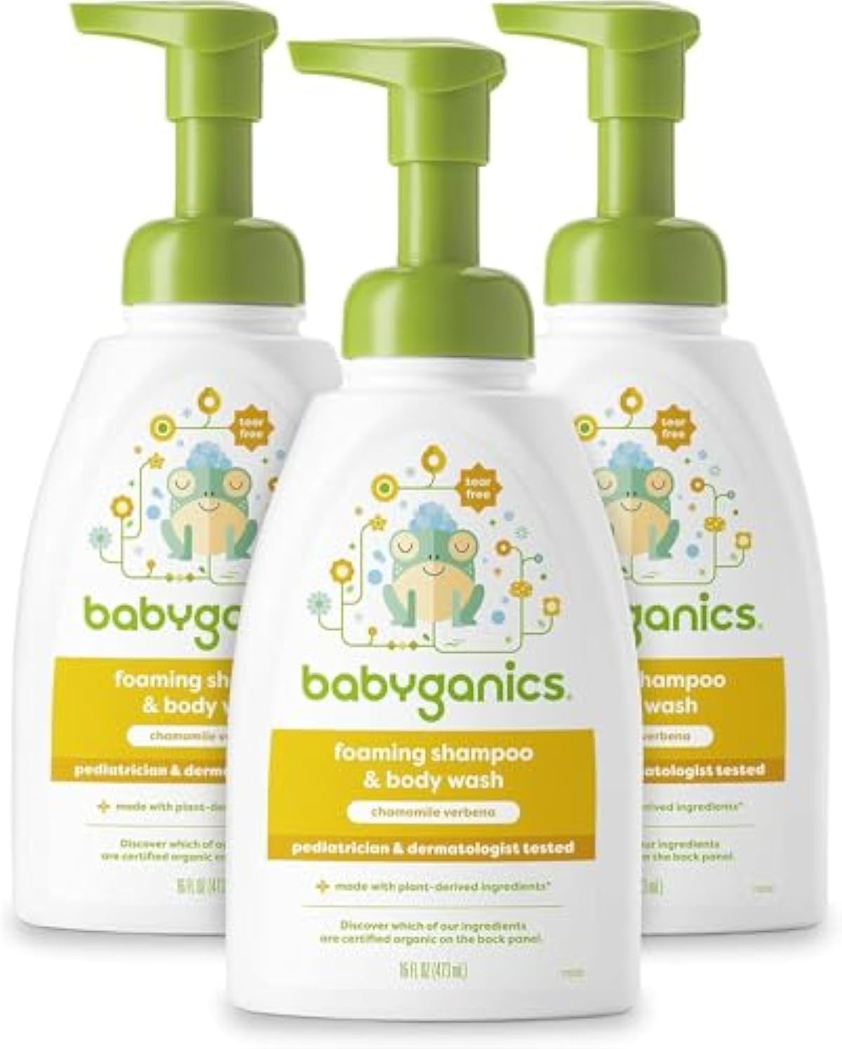 Babyganics Baby Shampoo + Body Wash Pump Bottle, Chamomile Verbena, 16oz, 3 Pack