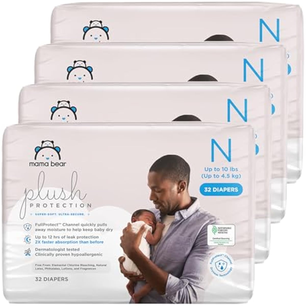 Amazon Brand - Mama Bear Plush Protection Diapers - Size Newborn, One Month Supply, Hypoallergenic Premium Disposable Baby Diapers, 128 Count (Pack of 4), White and Cloud Dreams