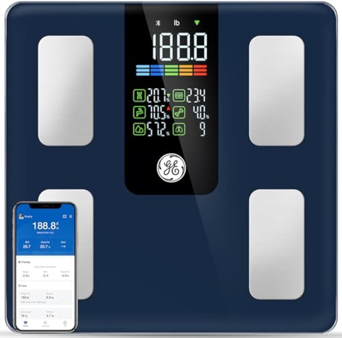 GE Scale for Body Weight Smart: Digital Bathroom Body Fat Scales for BMI Muscle Bluetooth Smart Weight Monitor 11.8\" Large Platform Accurate Weighing Machine Health Analyzer with App 500lbs Black