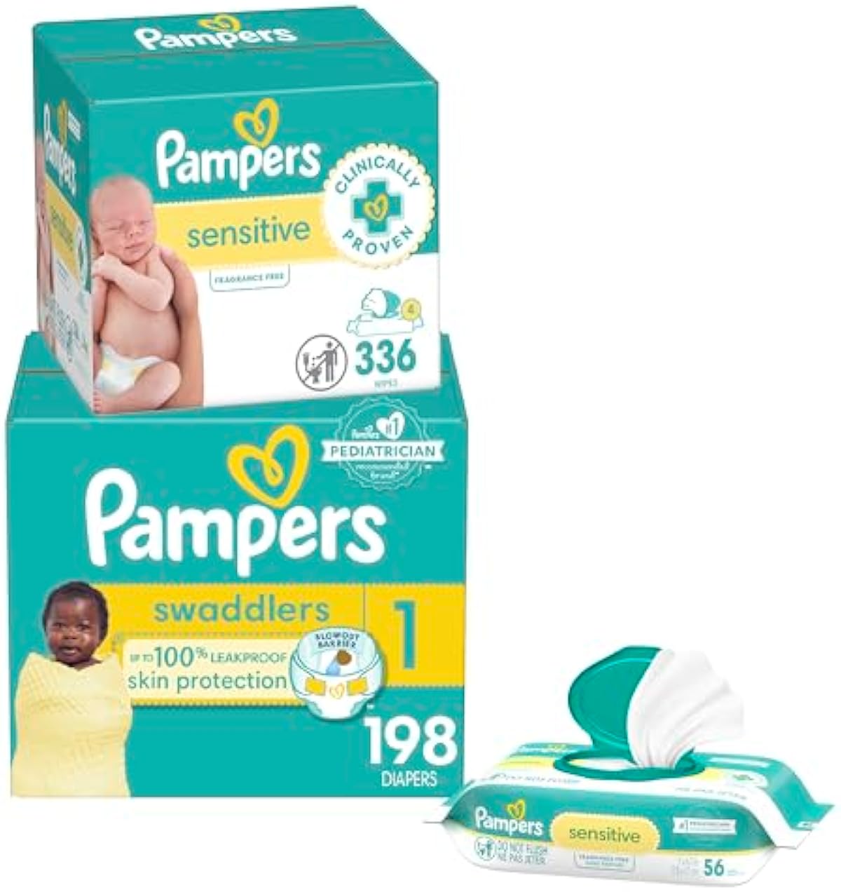 Pampers Swaddlers Disposable Baby Diapers Size 1, 198 Count with Sensitive Water Based Baby Wipes 4X Pop-Top Packs (336 Count)