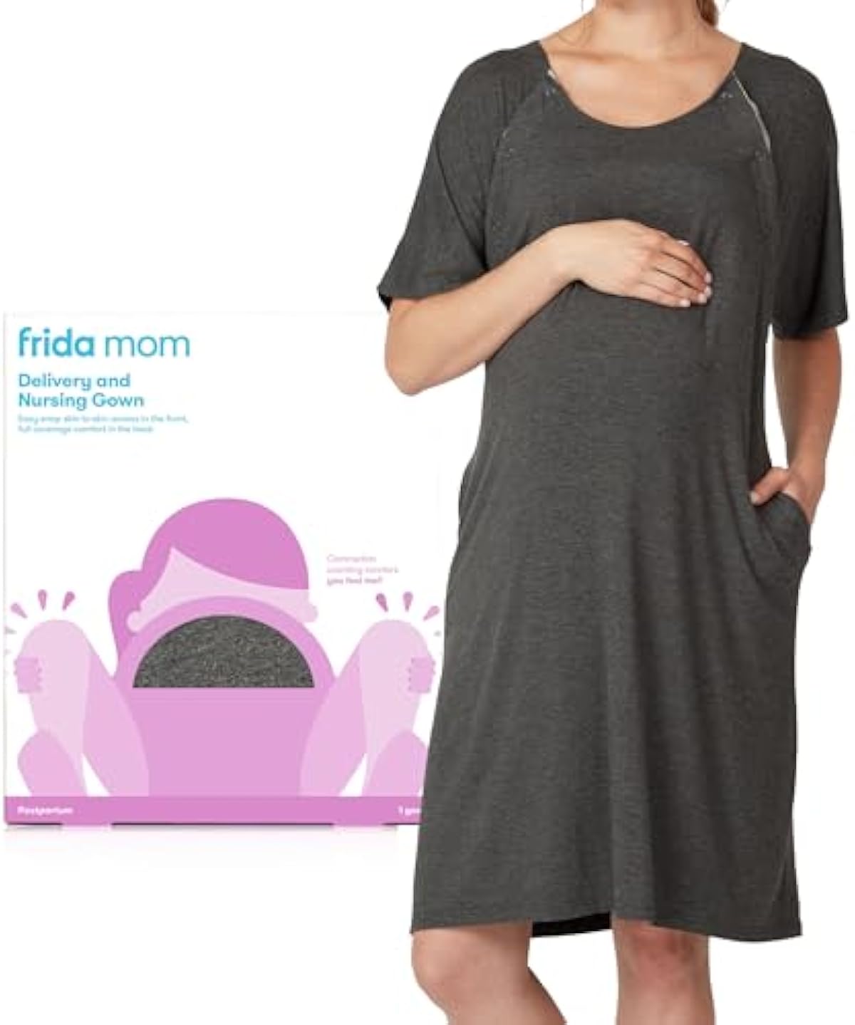 Frida Mom Labor and Delivery Gown for Hospital, Easy-Snap, Tagless Nursing Gown with Skin-to-Skin Access and Full Coverage in The Back