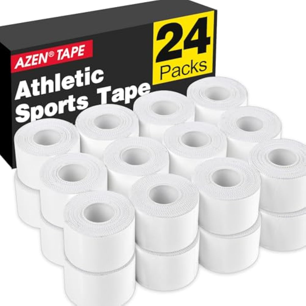 AZEN 24 Pack Athletic Sports Tape, Athletic & Medical Trainers & First Aid Tape for Injuries, Wrist Ankle Finger Tape, Easy to Tear & No Sticky Residue, 1.5 in X 10 Yards (White)