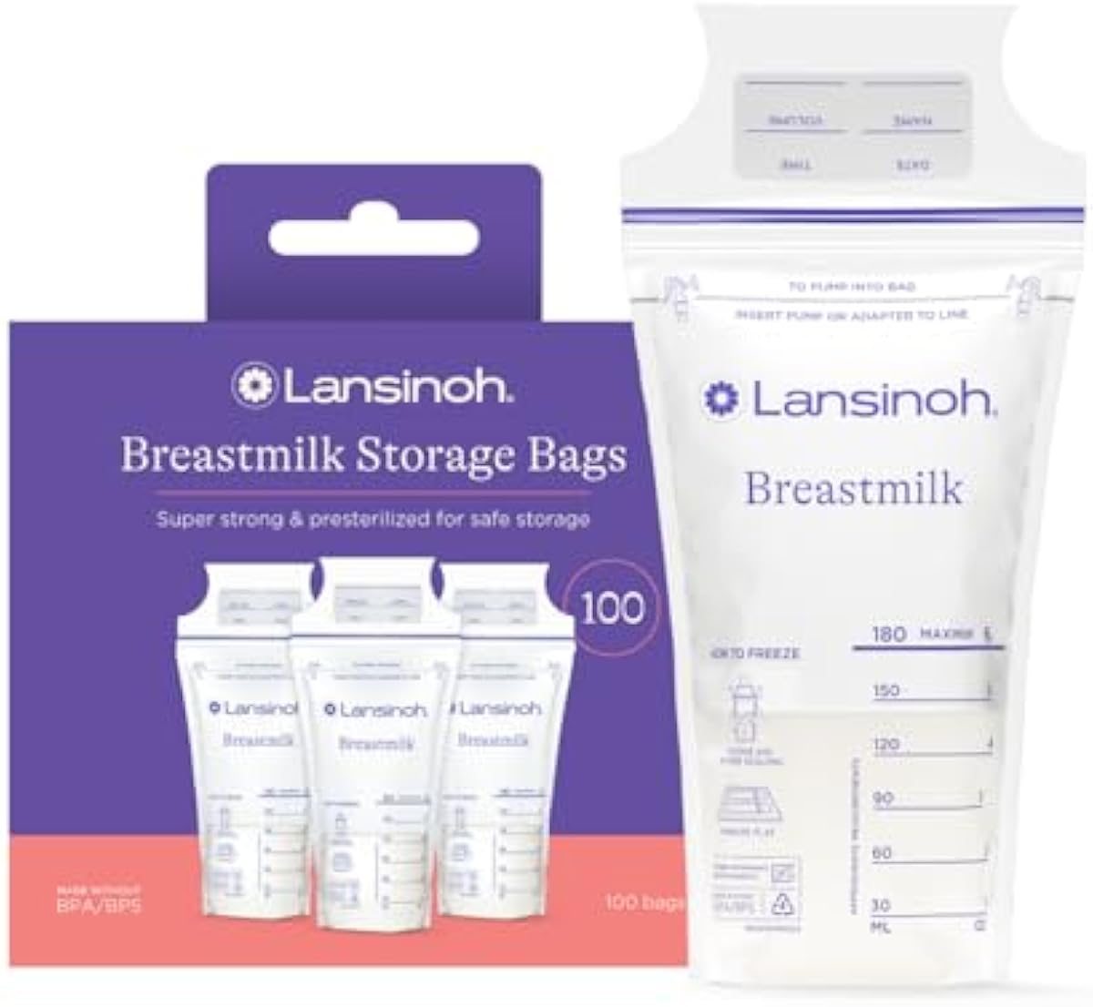 Lansinoh Breastmilk Storage Bags, 100 Count, Baby Essentials, Fast Freeze & Thaw Breast Milk Bags for Baby Bottle Feeding, Superior Strength & Stretch, 6 Ounce