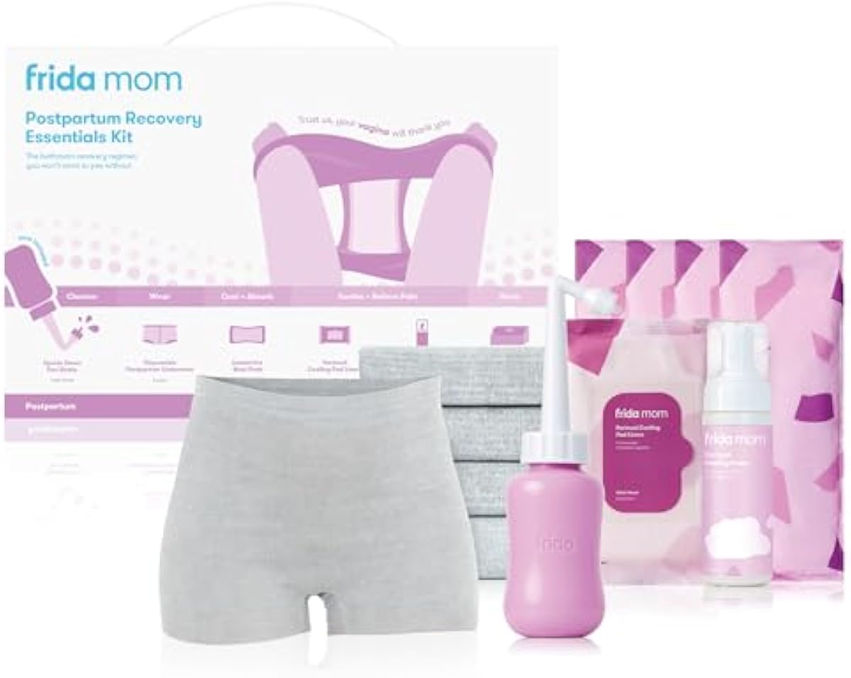 Frida Mom Postpartum Recovery Essentials Kit, Includes Disposable Underwear, Instant Ice Maxi Pads, Perineal Healing Foam, Perineal Healing Pad Liners and Upside Down Peri Bottle (11pc Gift Set)