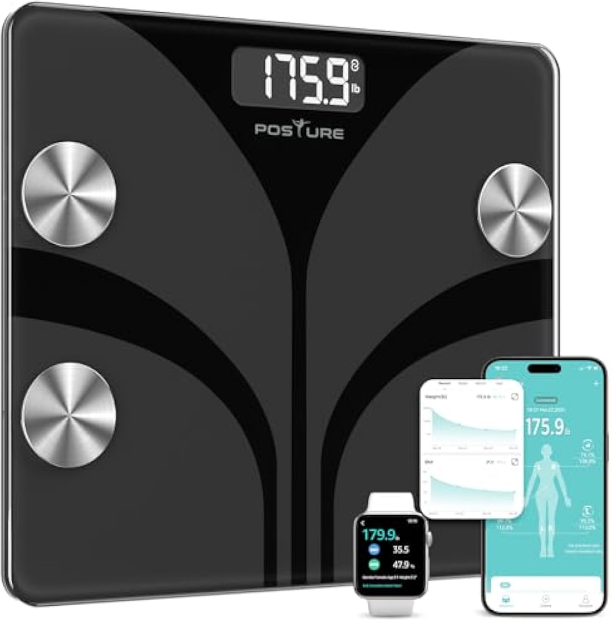 Posture Scale for Body Weight, Digital Bathroom Smart Scale LCD Display, 13 Body Composition Analyzer Sync Weight Scale BMl Health Monitor Sync Apps 400lbs - Black