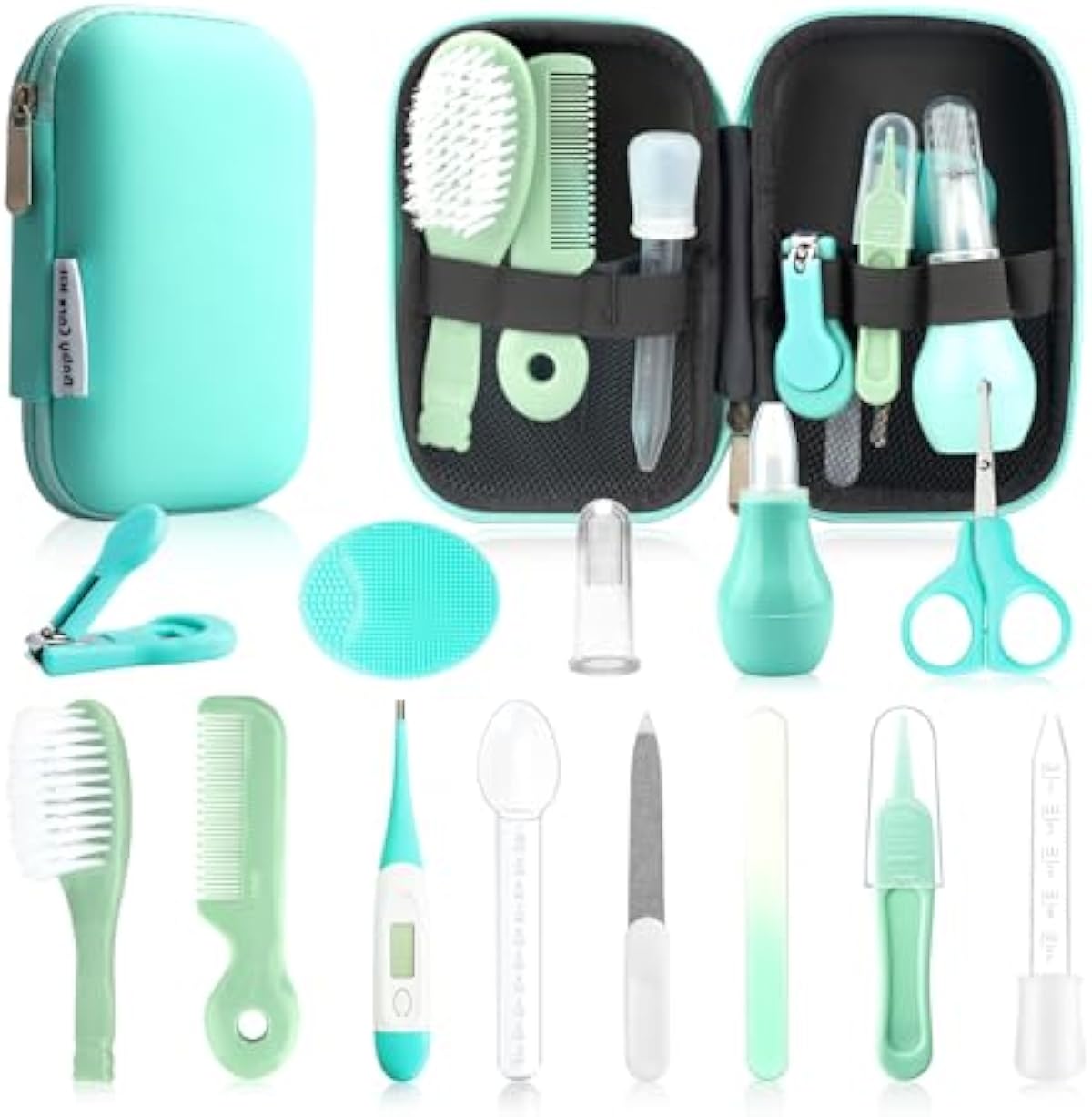 Baby Healthcare and Grooming Kit, 14 in 1 Baby Safety Set Newborn Nursery Health Care Set with Hair Brush Scale Nail Clippers for Baby Girls Boys(14 Kits Green)