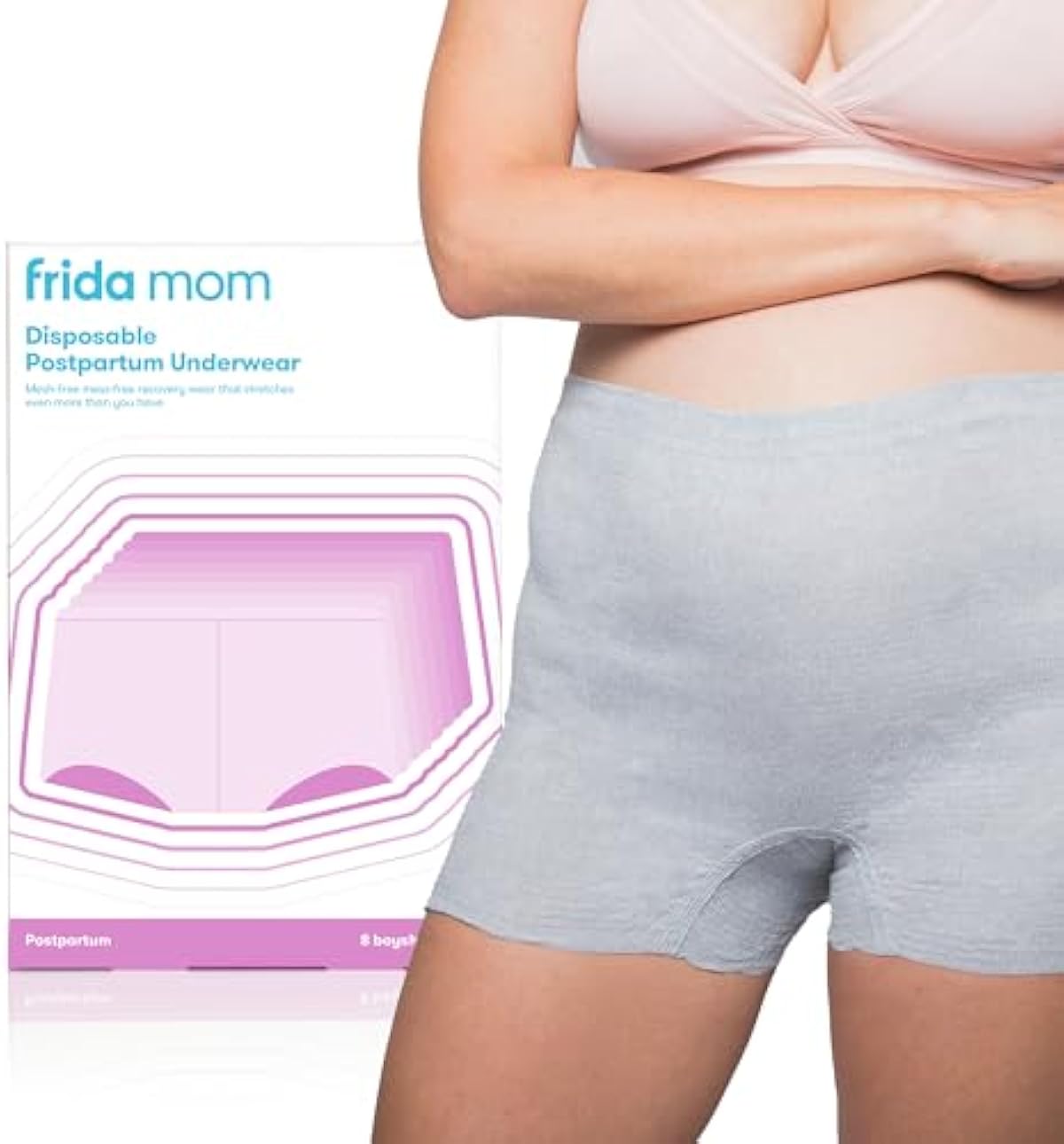 Frida Mom Women\'s Postpartum Underwear, Disposable Boyshort Underwear, Seamless with Stretchy Support, Postpartum Essentials, Size Regular (Waist 28\"-42\" Stretched), 8 Count, Grey