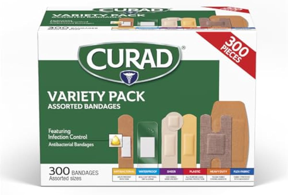 CURAD Assorted Bandages Variety Pack, 6 Styles Including Antibacterial, Waterproof, Sheer, Plastic, Heavy Duty & Flex-Fabric, Protects Scrapes, Cuts & Burns, Latex-Free, 300 Count