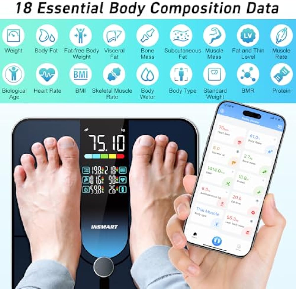 INSMART Smart Scale for Body Weight,Large Display Body Fat Scale,High Accurate Weight Scale Digital Bluetooth Bathroom Scale for BMI Heart Rate,18 Body Composition Analyzer with Fitness APP Sync