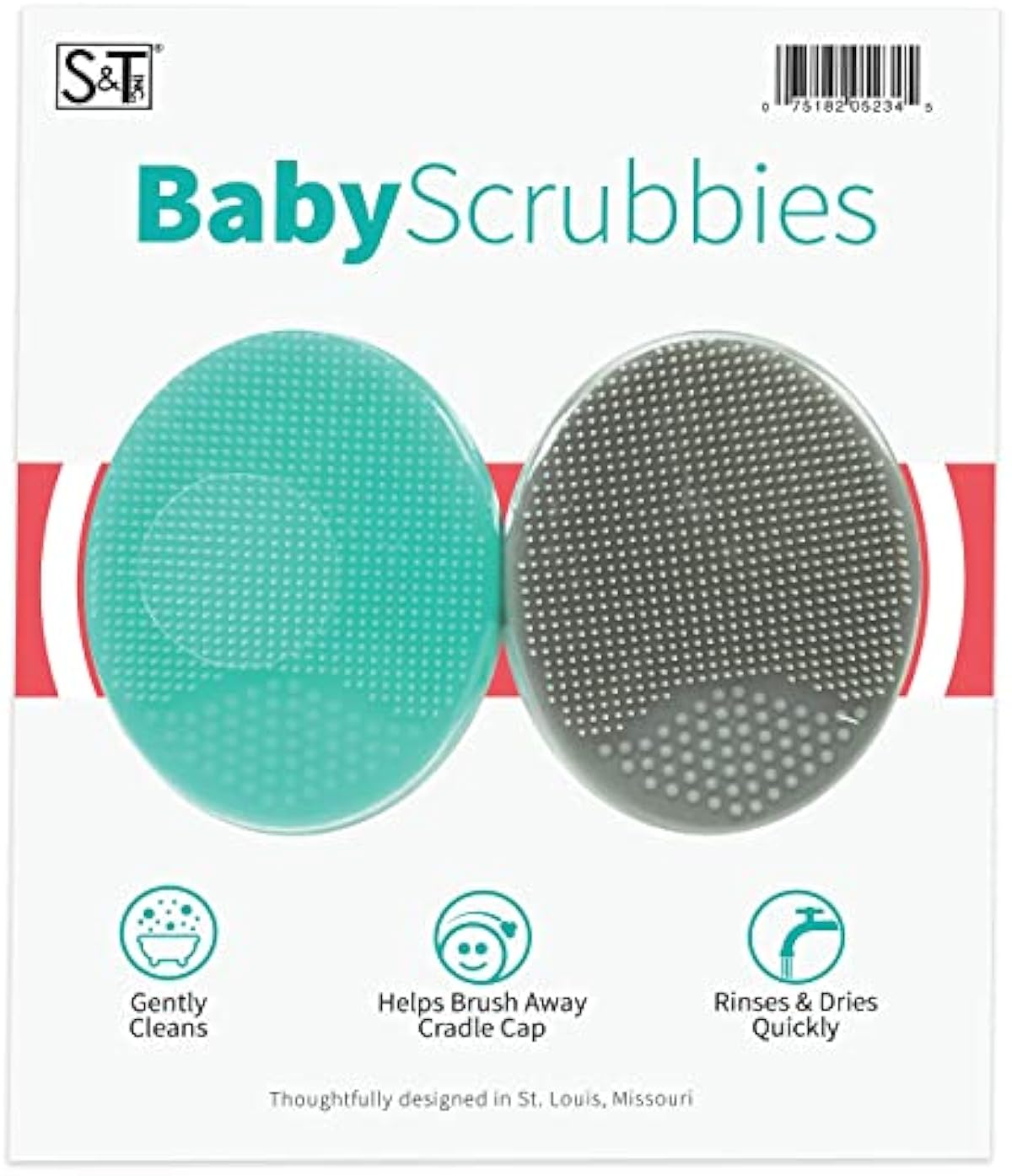 S&T INC. Exfoliating and Massaging Cradle Cap Bath Brushes for Baby, Silicone - 2 Inch x 2.5 Inch, Grey and Teal, 2 Pack