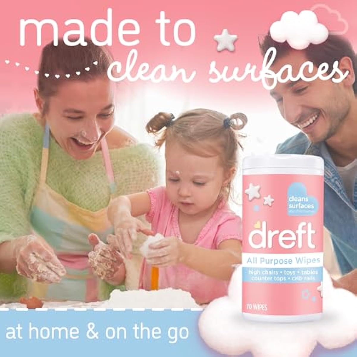 Dreft Multi-Surface All-Purpose Gentle Cleaning Wipes for Baby Toys, Car Seat, High Chair & More, 70 Count (Pack of 4)