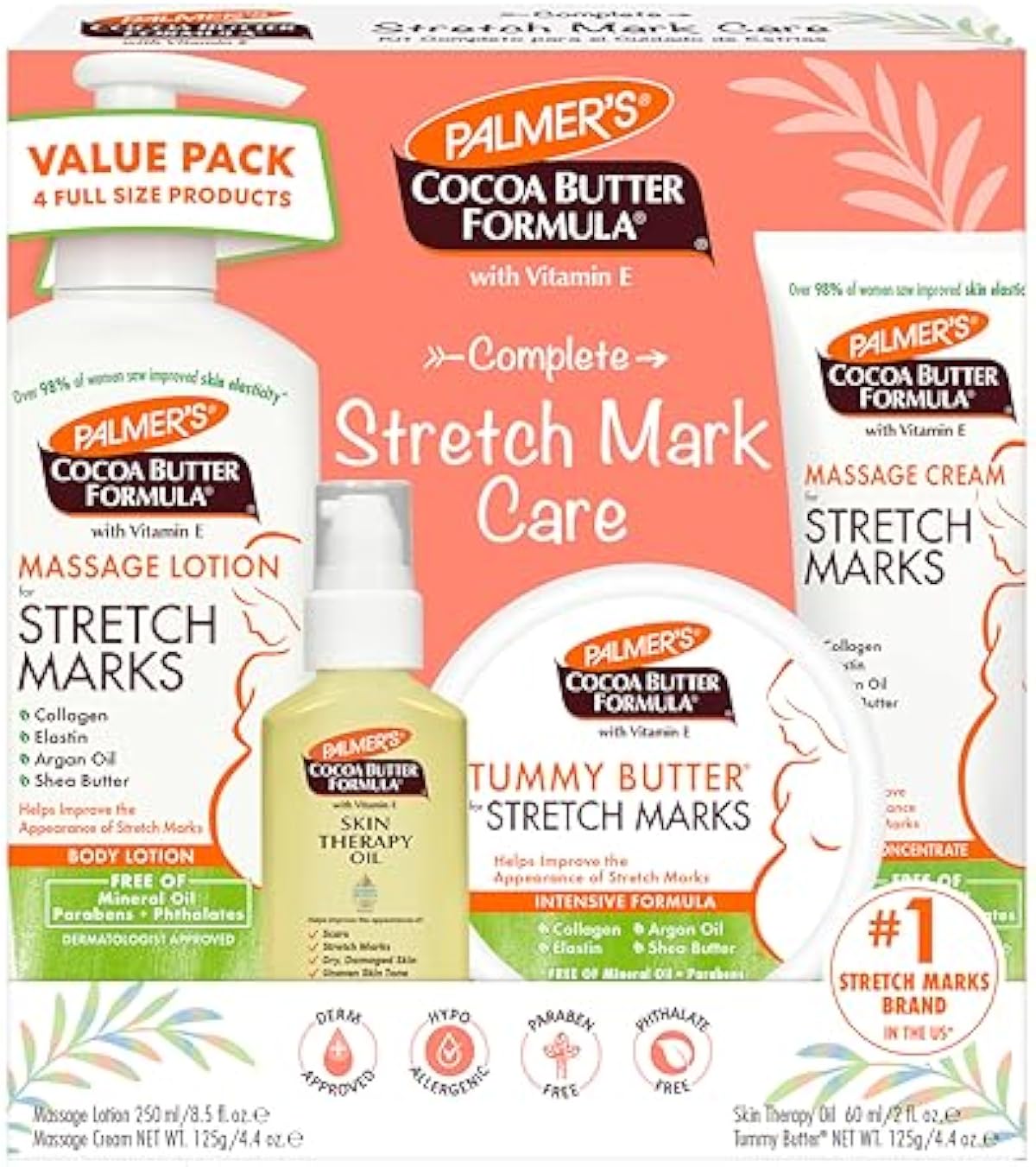 Palmer\'s Cocoa Butter Formula Pregnancy Skin Care Kit for Stretch Marks and Scars, Dermatologist Approved, Gift for Mom to Be, 4 Piece Full Size Set