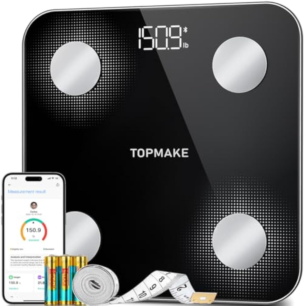 TOPMAKE【2025 Upgrade】 Scale for Body Weight, Digital Bathroom Scale BMI Body Fat Scale, 25 Body Composition Analyzer with App sync with Bluetooth, Batteries and Tape Measure Included, Black