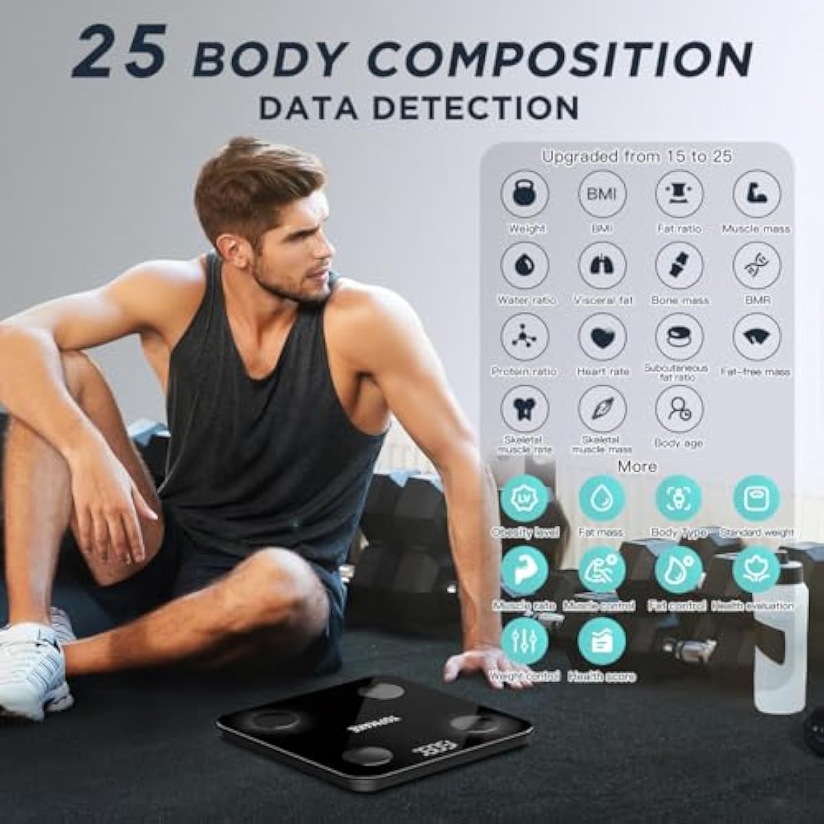 TOPMAKE【2025 Upgrade】 Scale for Body Weight, Digital Bathroom Scale BMI Body Fat Scale, 25 Body Composition Analyzer with App sync with Bluetooth, Batteries and Tape Measure Included, Black