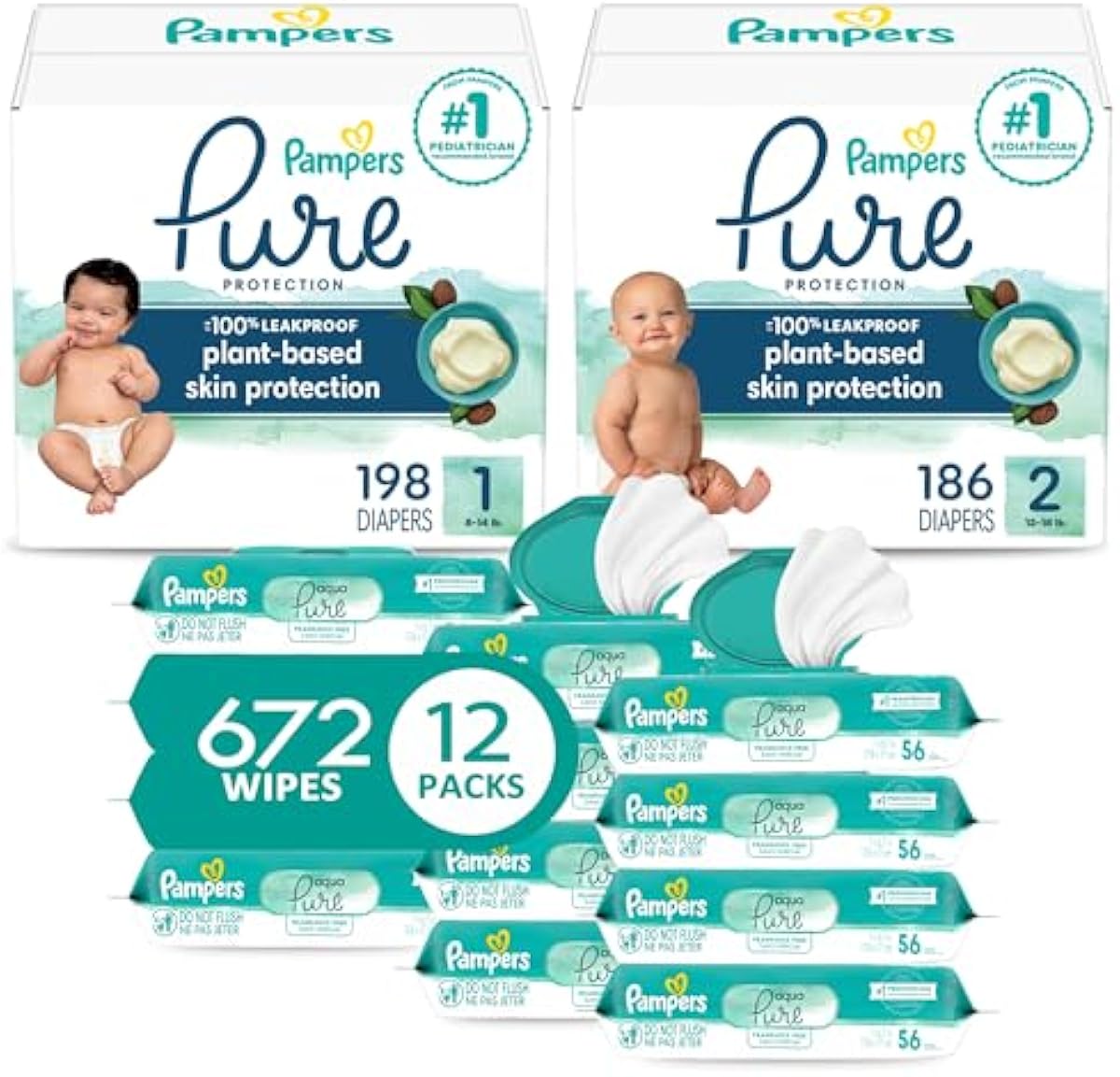 Pampers Pure Protection Disposable Baby Diapers Starter Kit (2 Month Supply), Sizes 1 (198 Count) & 2 (186 Count) with Aqua Pure Sensitive Wipes, 12X Pop-Top Packs (672 Count)