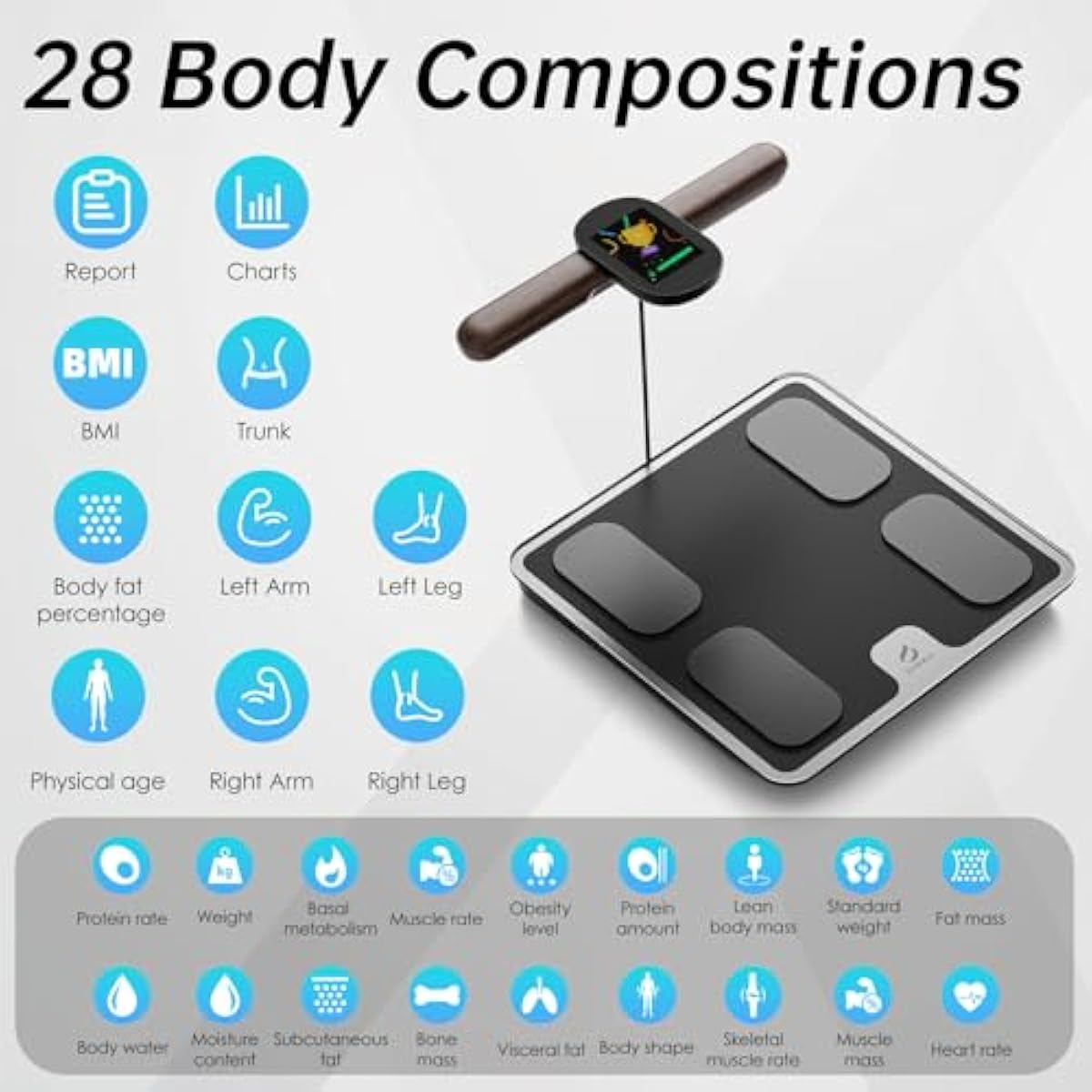 CLORIS 8 Electrodes Digital Smart Scale for Body Weight Fat Accurate BMI Muscle Mass 28 Body Composition Measurement Health Analyzer with App Bluetooth, Full-Color TFT LCD on Retractable Handle