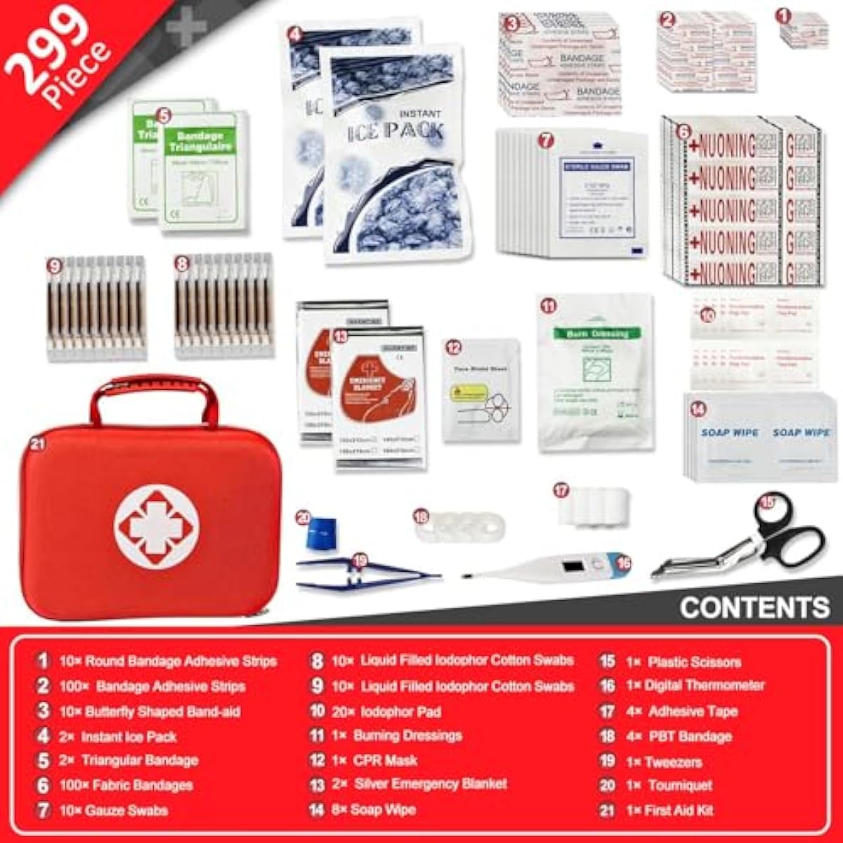 299PCS First Aid Kit Portable Red Camping Essentials Multiple Purpose Survival Kits Plus Case Emergency Set Outdoor Backpacking Gear Suitable for Hiking School Car Home YIDERBO