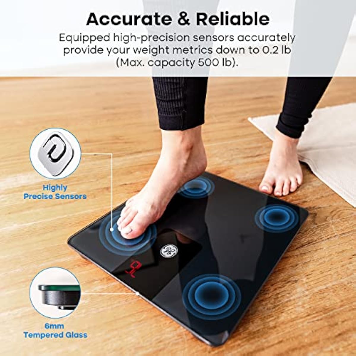 GE Bathroom Scale Body Weight: Digital BMI Weight Balance Scales FSA HSA Eligible Heavy Duty Measuring Device for People Accurate Bluetooth Weighing Electronic Weigh Machine, Black