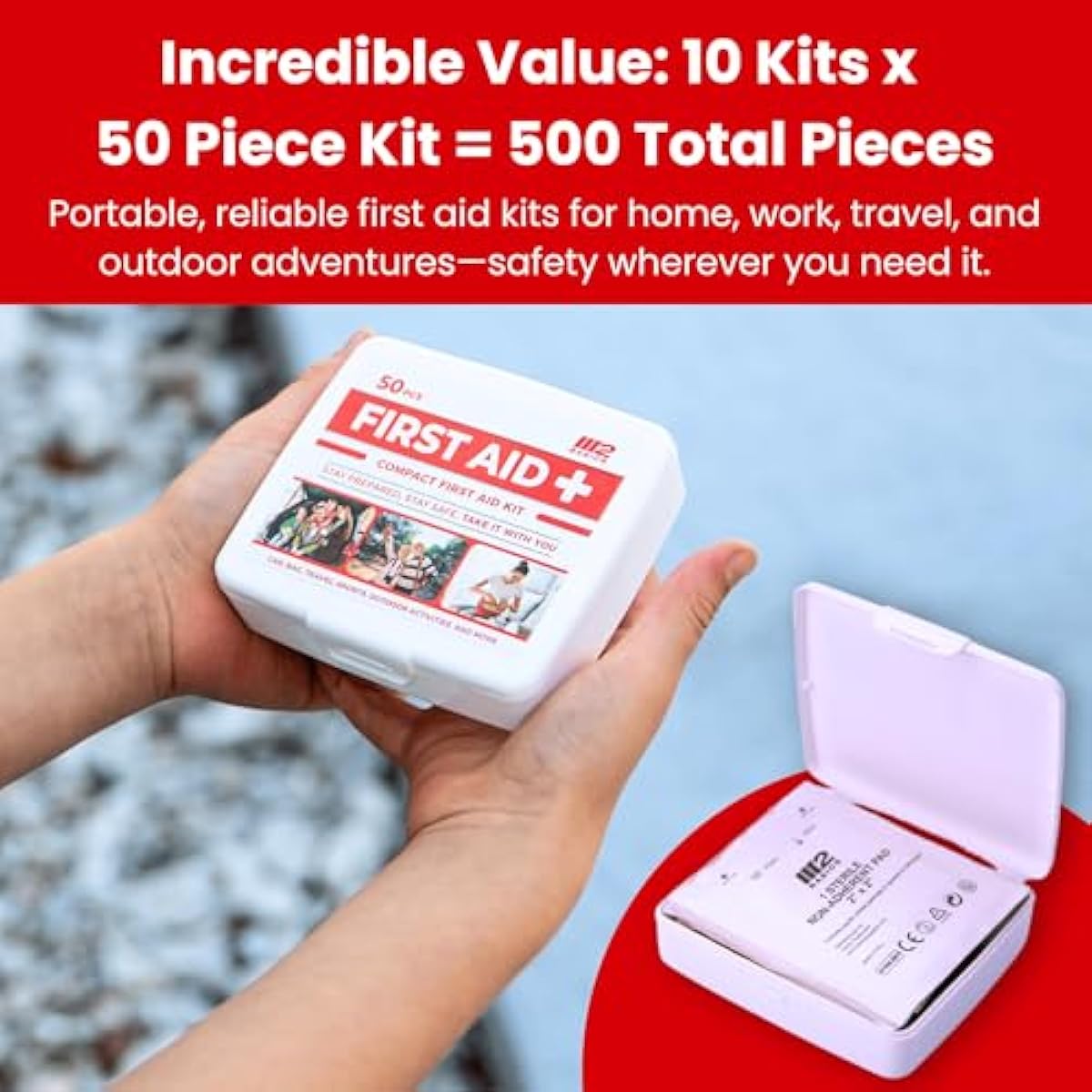 M2 BASICS 10-Pack Mini First Aid Kit Bundle (500 PCS Total, 50 PCS/Kit) | Small First Aid Kit for Travel, Car, Camping | Med Kit