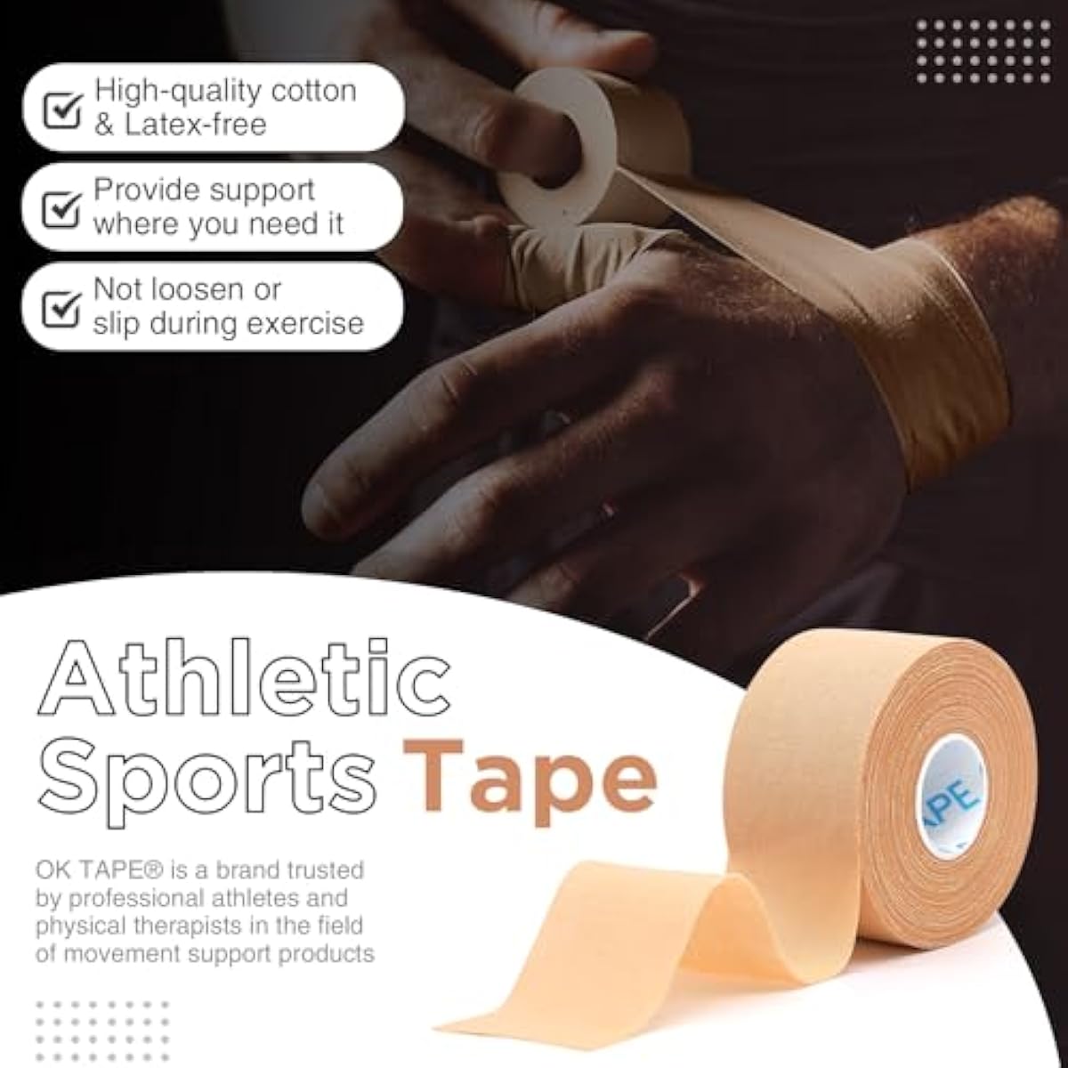 OK TAPE 4 Rolls Athletic Tape, Sports Tape for Injuries, Rigid, Easy Tear Medical Tape, Wrist Tape, No Sticky Residue | Secure Ankle, Finger, Knee- 1.5inch x 15yards (Beige)