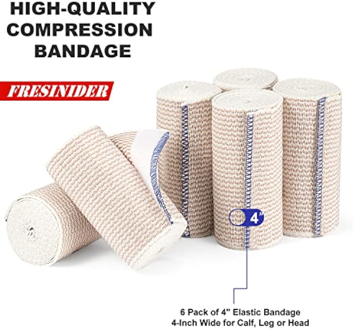 Premium Elastic Bandage Wrap, 6 Pack 4\" Cotton Latex Free Compression Bandage Wrap with Touch Closure at Both Ends, Support & First Aid for Sports, Medical, and Injury Recovery