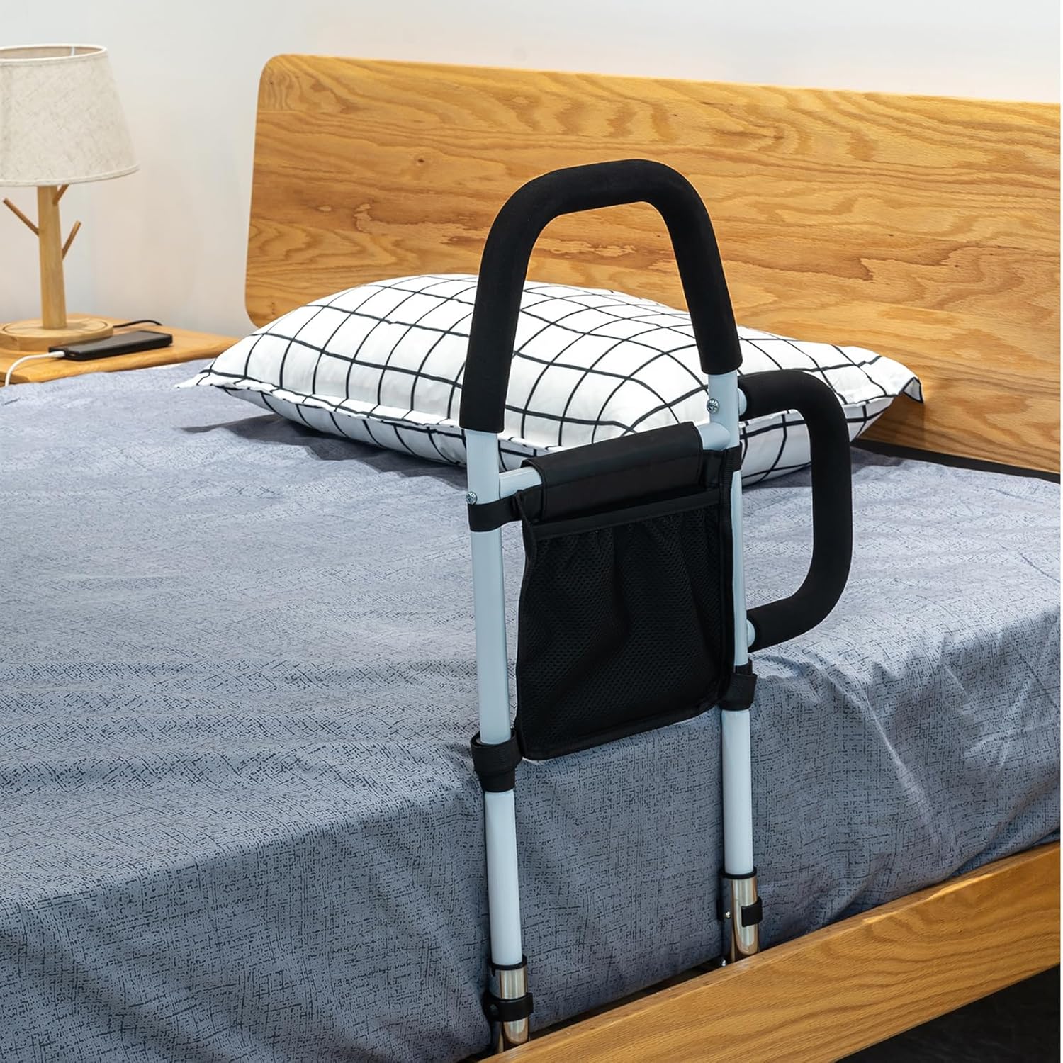 Bed Rails for Seniors - Dual Handle Assist Rail with Storage