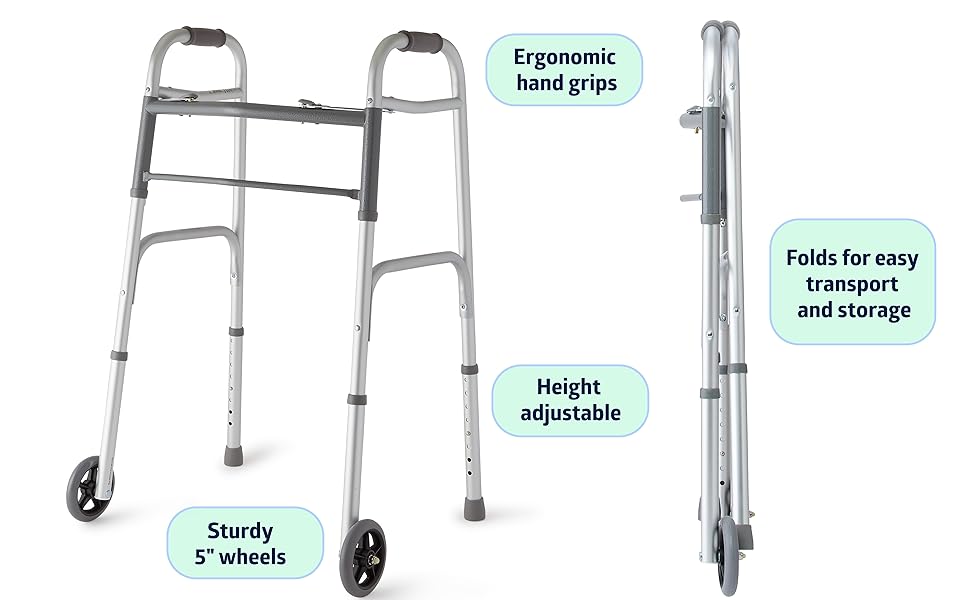 Medline Lightweight Folding Walker with 5” Wheels, Aluminum Frame