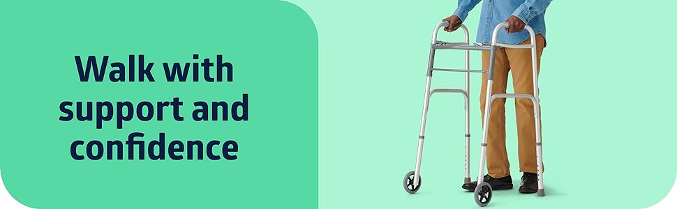 Medline Lightweight Folding Walker with 5” Wheels, Aluminum Frame