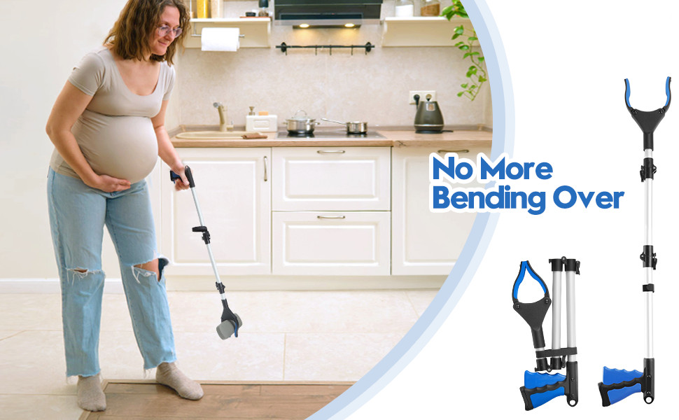 Pregnant woman using reacher grabber tool, no bending over, kitchen scene